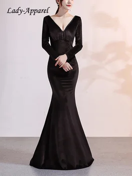 Lady-Apparel Модное расшитое бисером Банкетное Элегантное Бархатное Женское Вечернее Платье с длинным рукавом, Сексуальное Облегающее Платье с глубоким V-образным вырезом и Рыбьим хвостом