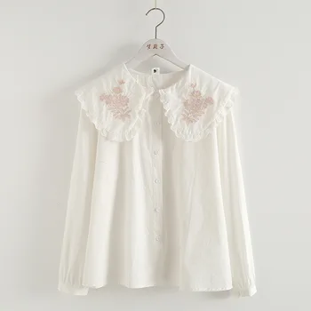 Женская Белая рубашка с Вышивкой, Весенне-летние Топы в Японском Стиле Mori Girl, Воротник 