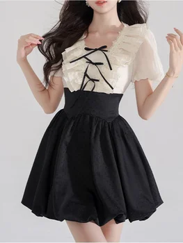 Корейское женское черное платье в цветочек, летнее новое платье абрикосового цвета с V-образным вырезом и коротким рукавом и высокой талией, милая короткая юбка