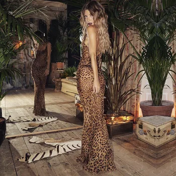 Сексуальное облегающее длинное платье с леопардовым принтом, женское длинное платье на шнуровке с открытой спиной и распашным воротником, летние платья для вечеринок, пляжные платья