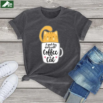 Хороший день начинается с футболки с кофе и котом Женская одежда Забавные женские рубашки с изображением Оранжевого кота 90-х Годов, Модные топы для девочек Унисекс